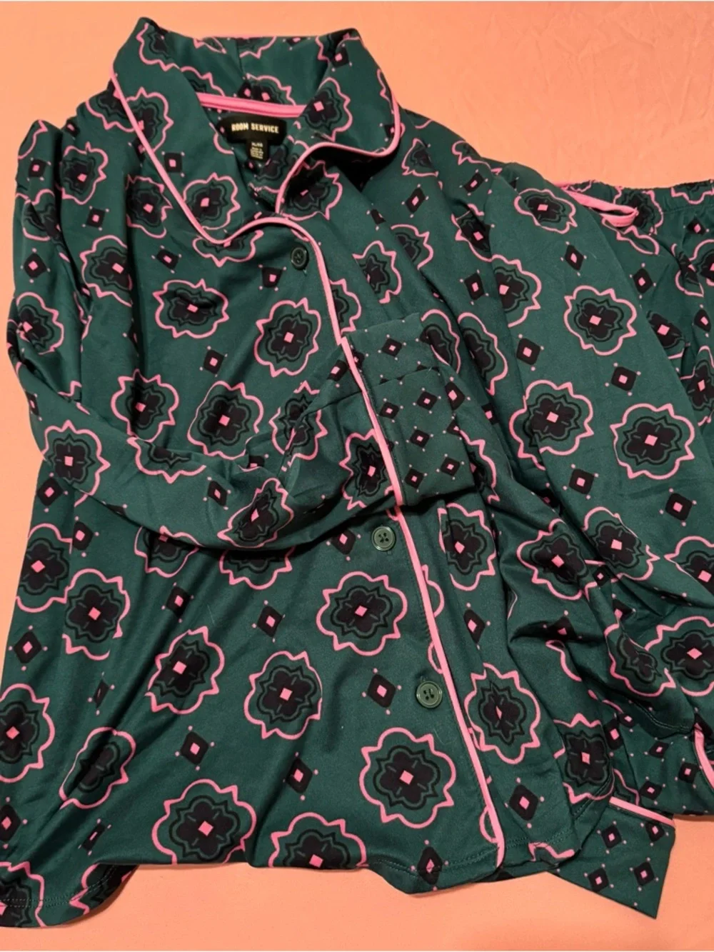 Women’s Pajama Set - Dark Green with Pink Trim - Picture 2 of 4